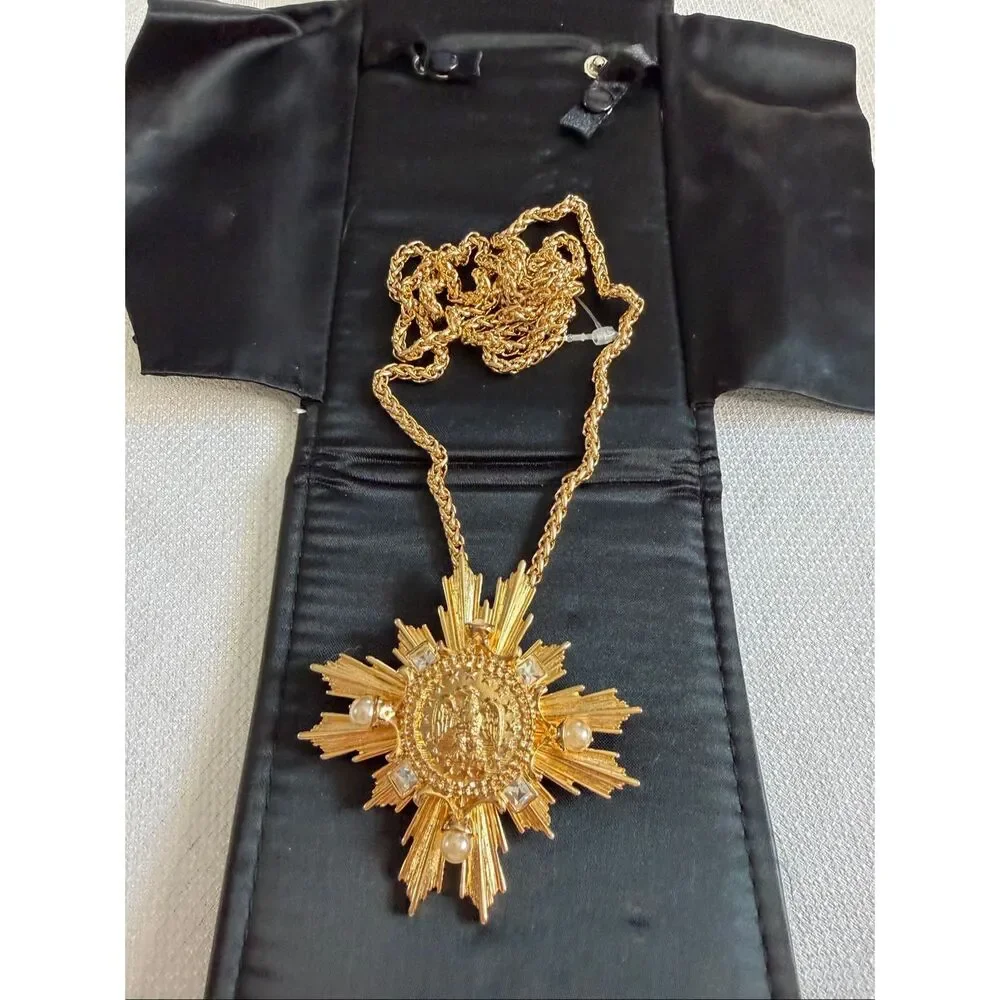 Ann Hand Washington DC Miraculous Medal Sunburst Pendant Brooch Necklace Signed